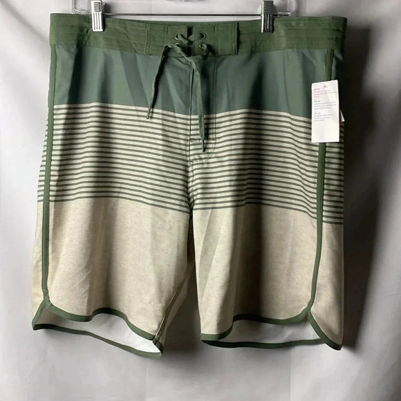 NWT OLD NAVY MENS SIZE 36 SWIM TRUNKS 9” INSEAM OLIVE GREEN TAN STRIPES - Picture 2 of 14